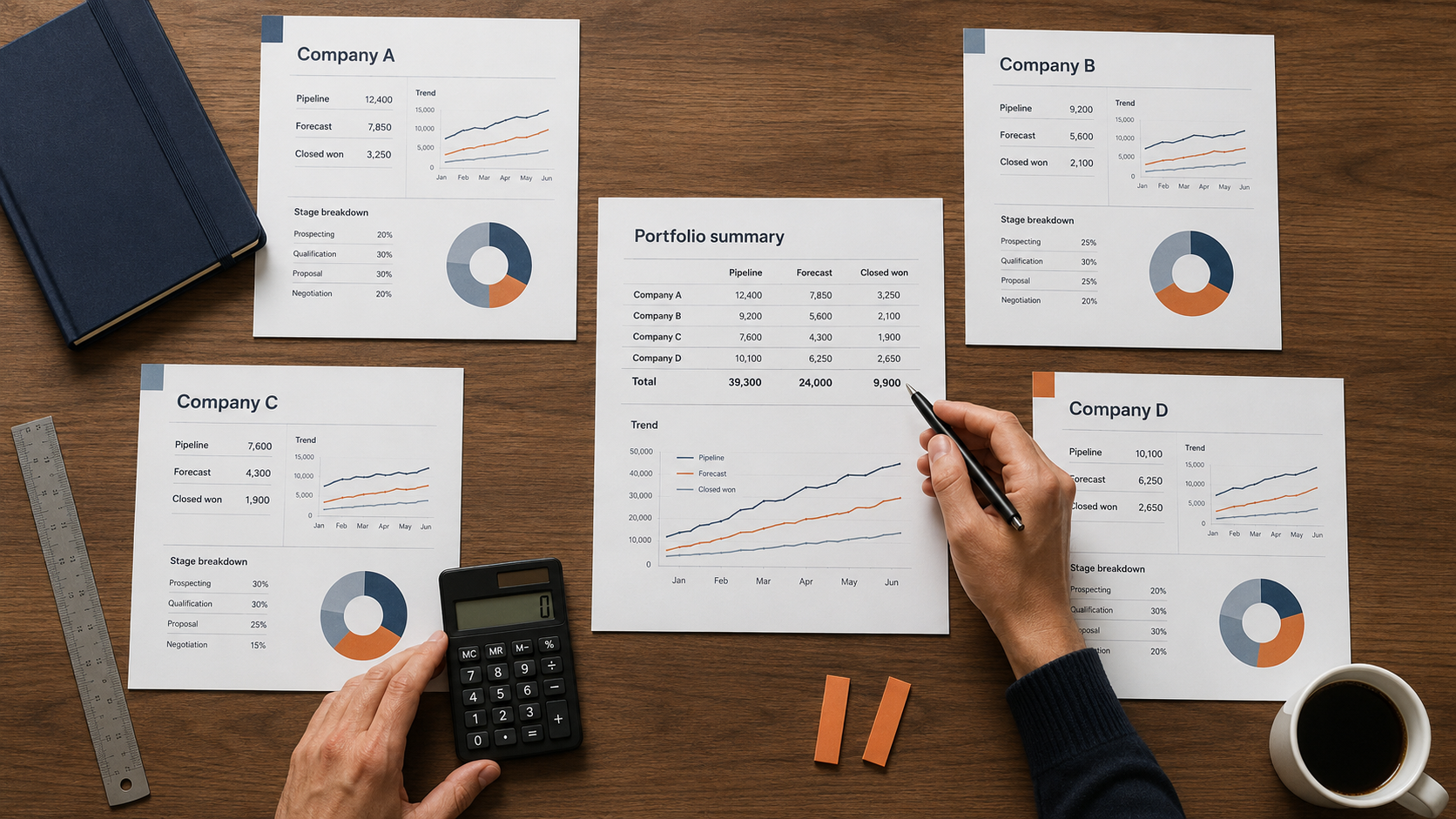 overhead flat-lay of portfolio reports