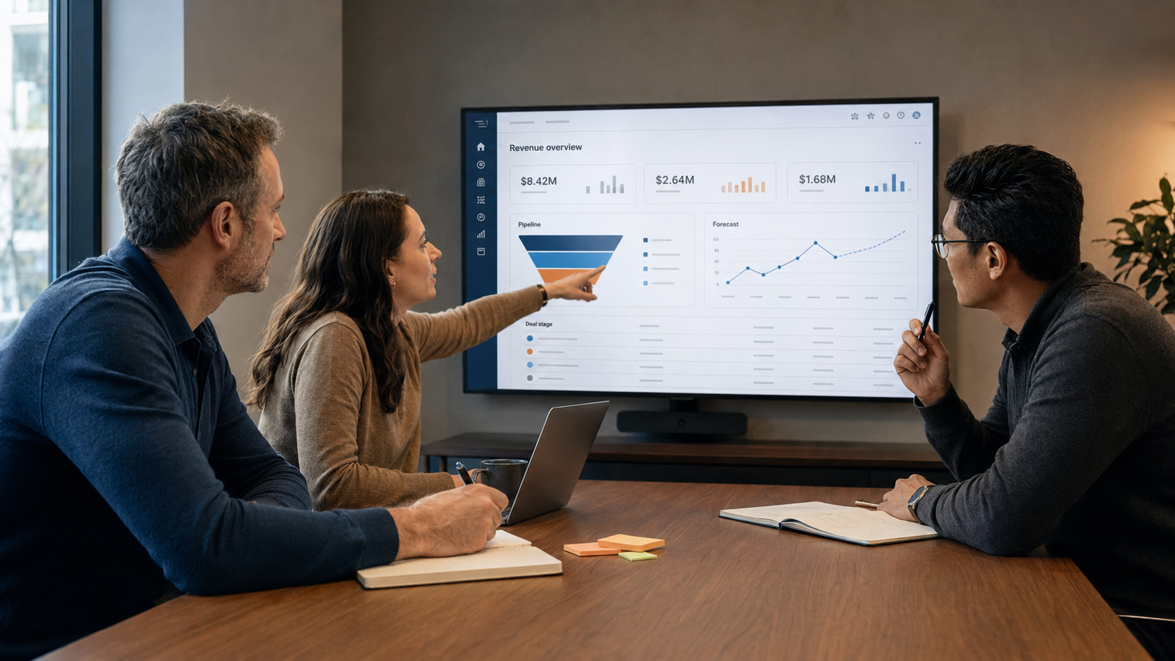 three professionals collaborating around crm dashboard